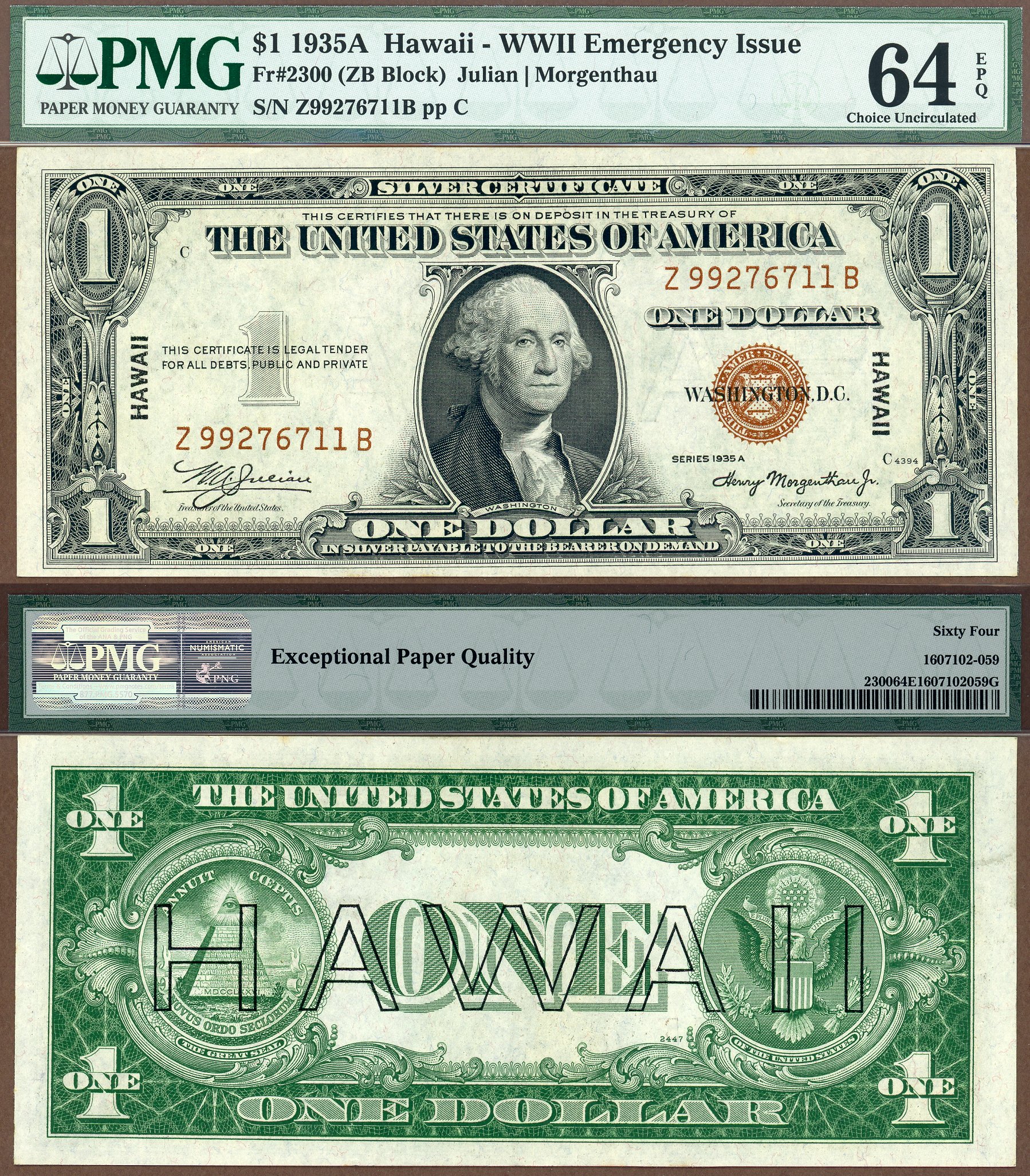 1935A $1 Hawaii Silver Certificate FR-2300 ZB Block PMG CU 64EPQ S/N Z99276711B