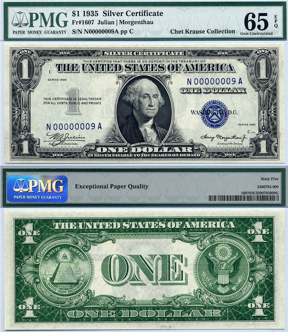1935 $1 Silver Certificate PMG GEM 65EPQ S/N N00000009A