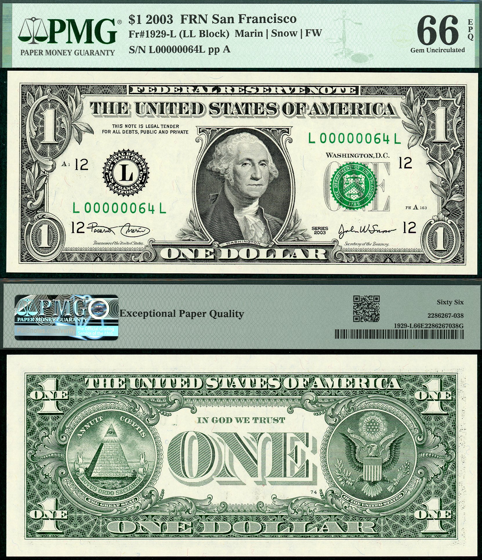 2003 $1 Federal Reserve Note FR-1929L PMG Gem 66EPQ Low S/N L00000064L