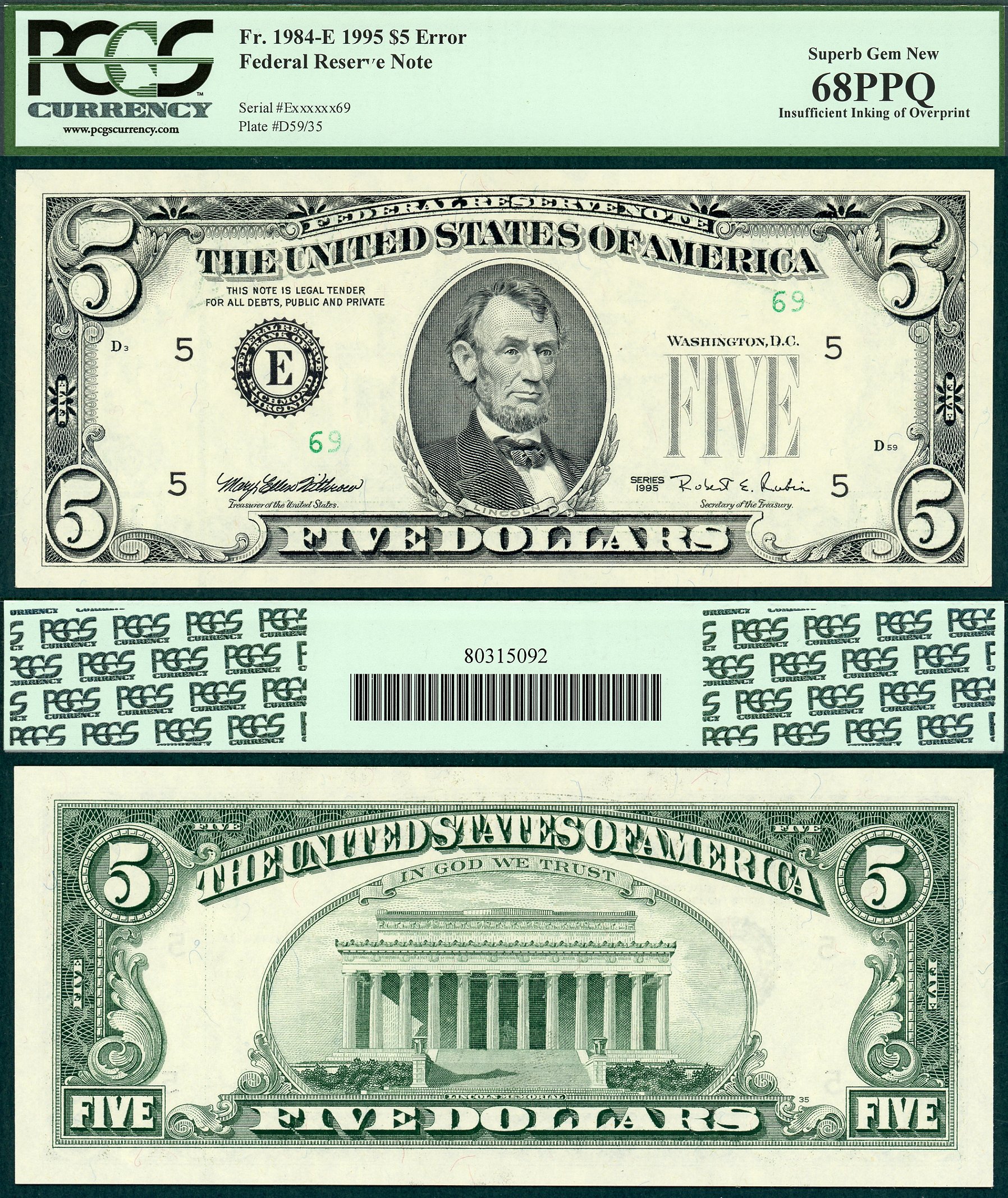 1995 $5 Federal Reserve Error Note PCGS Gem 68PPQ S/N XXXXXX69 Exotic Error!