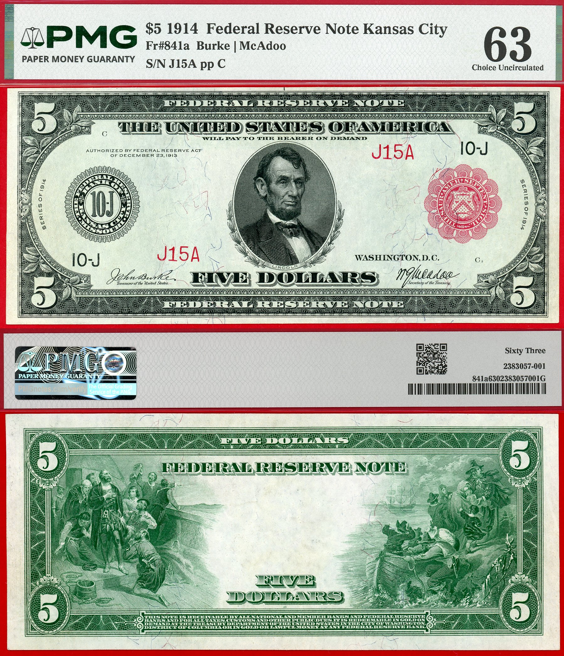 1914 $5 Federal Reserve Note FR-841a Kansas City PMG CU63 Low S/N J15A