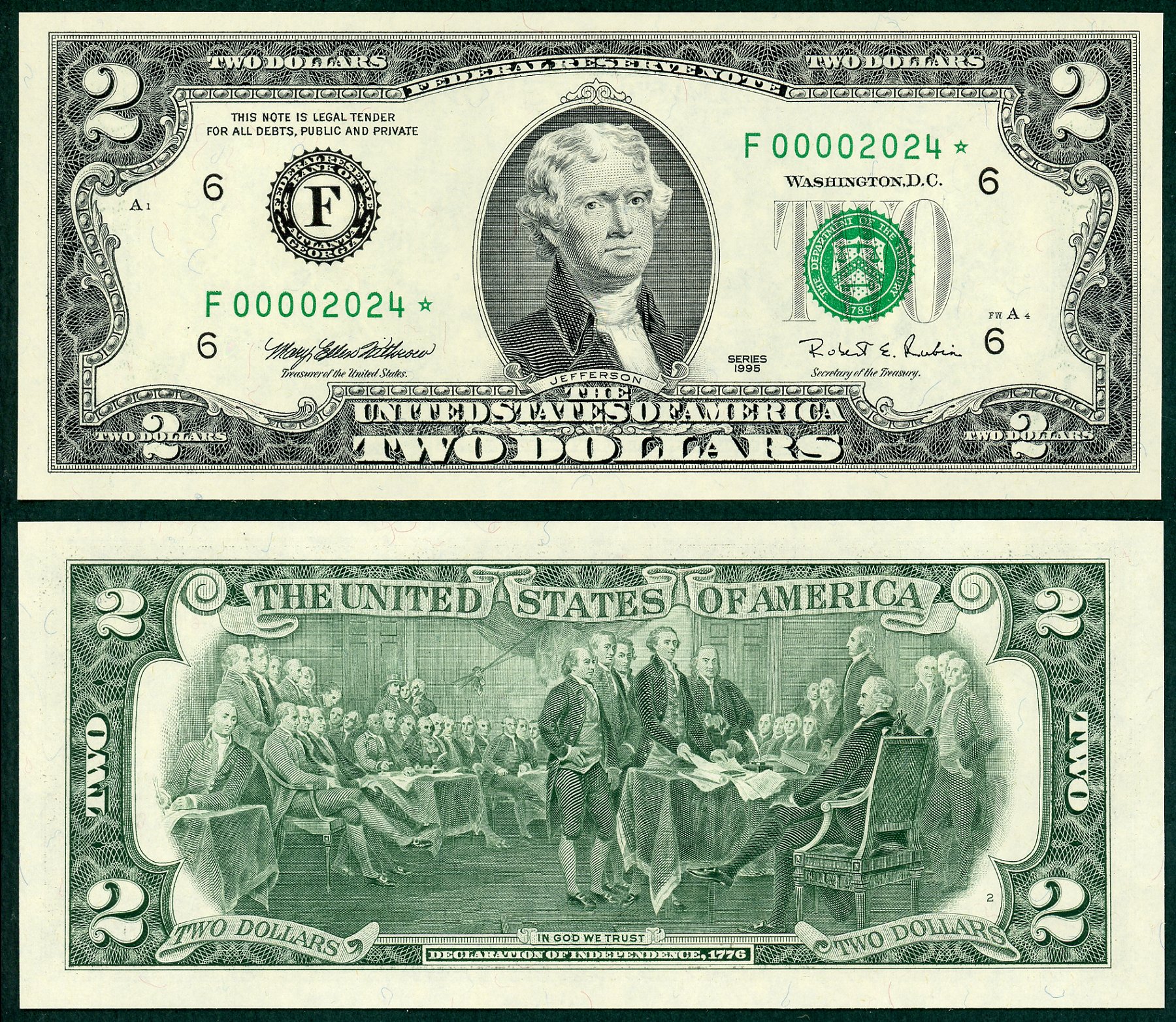 1995 $2 Federal Reserve Star Note Birthyear S/N F00002024*