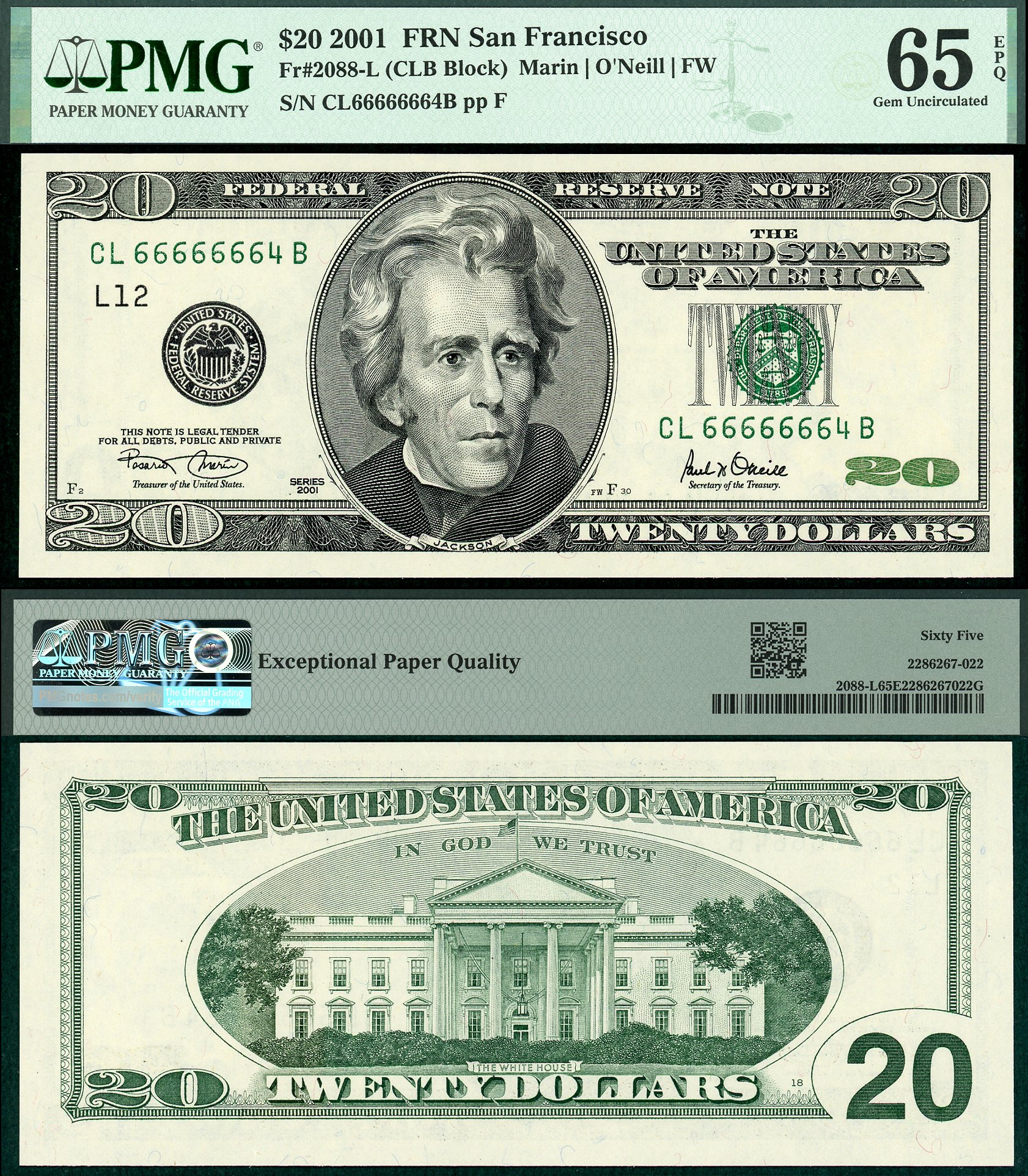 2001 $20 Federal Reserve Note FR-2088L PMG Gem 65EPQ Fancy Solid Type S/N CL66666664B