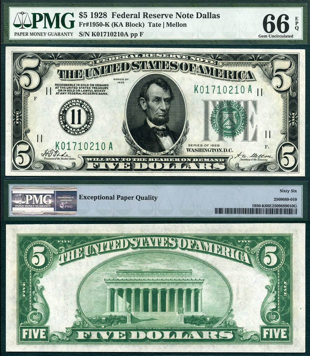 1928 $5 Federal Reserve Note FR-1950K PMG Gem 66EPQ S/N A01710210A