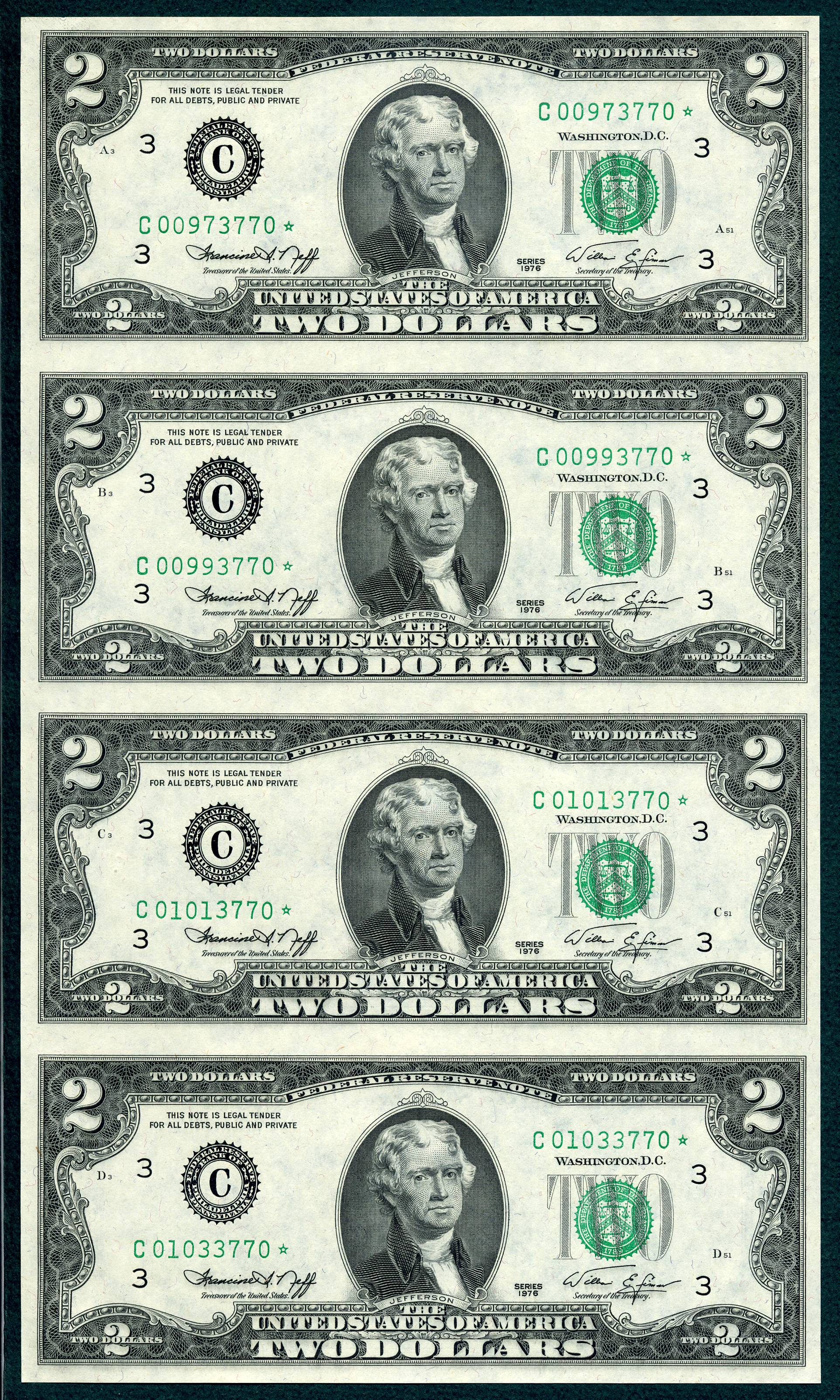 1976 $2 Federal Reserve 4 Note Uncut Star Sheet C* Philadelphia Pennsylvania S/N C00973770*