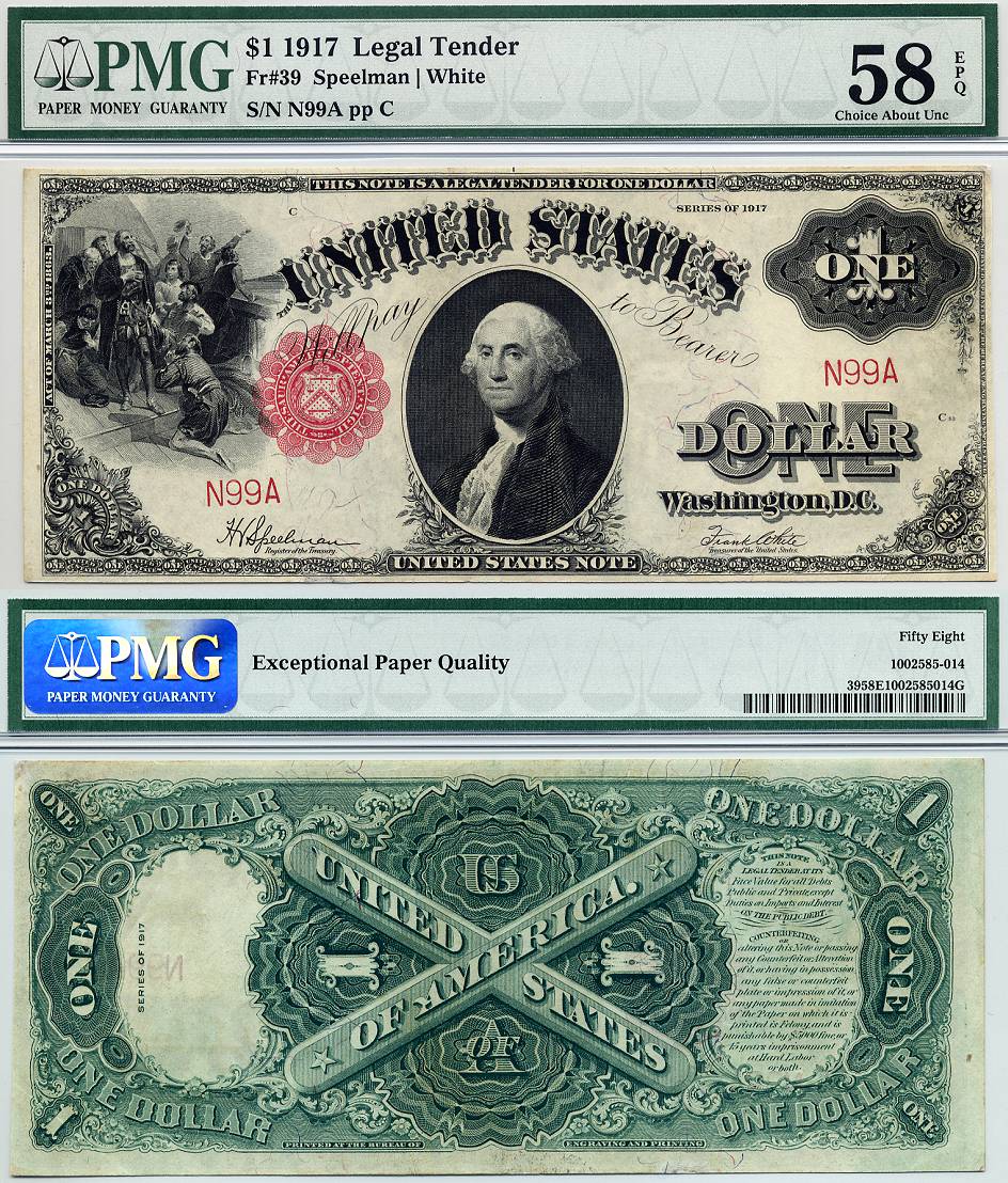1917 $1 Legal Tender Note FR-39 PMG AU58EPQ S/N N99A