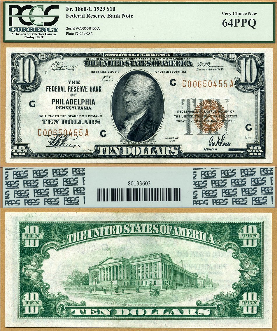 1929 $10 Federal Reserve Bank Note FR-1860-C Philadelphia Pennsylvania PCGS CU 64PPQ S/N C00650455A