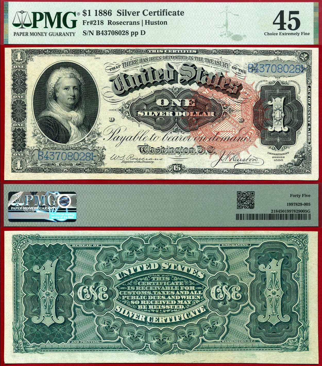 1886 $1 Silver Certificate FR-218 PMG Graded Choice Extremely Fine 45 S/N B43708028