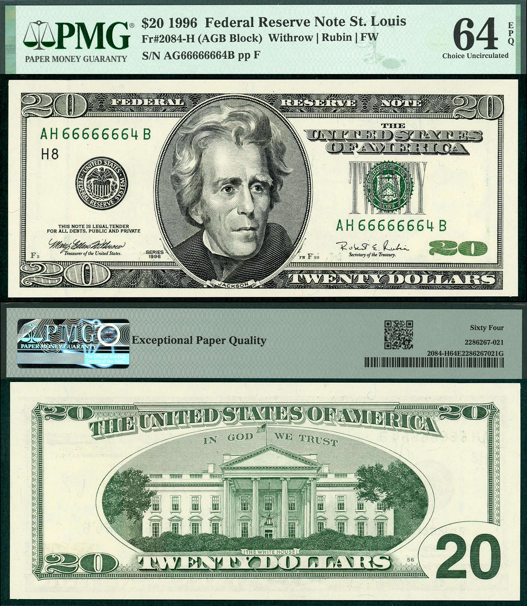 1996 $20 Federal Reserve Note FR-2084H PMG CU64EPQ Fancy Near Solid 6's S/N AH66666664B