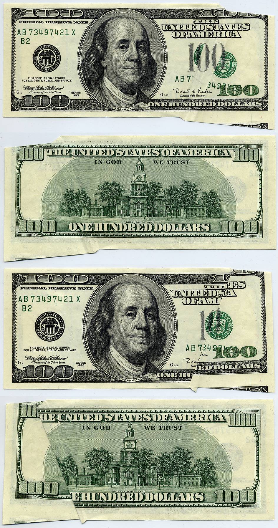 1996 $100 FRN Error Third Printing Paper Jam & Miss Aligned Cutting