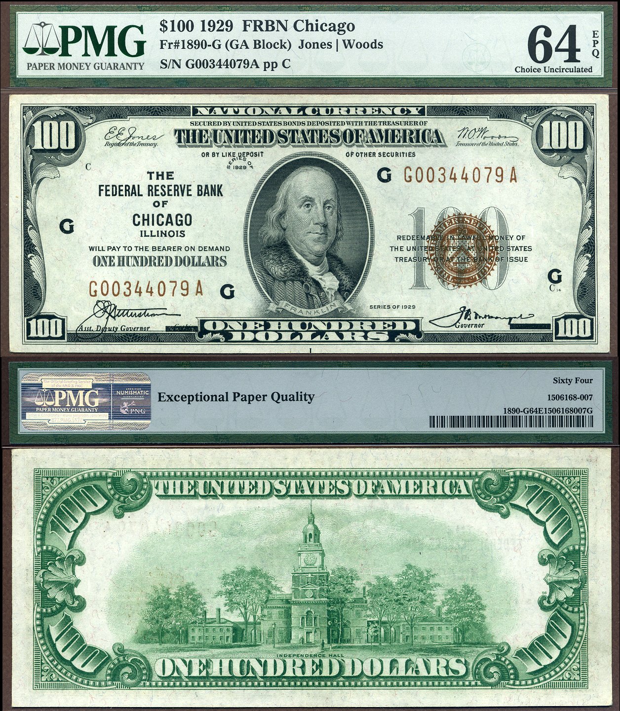 1929 $100 Federal Reserve Bank Note FR-1890-G Chicago PMG Graded CU 64EPQ S/N G00344079A