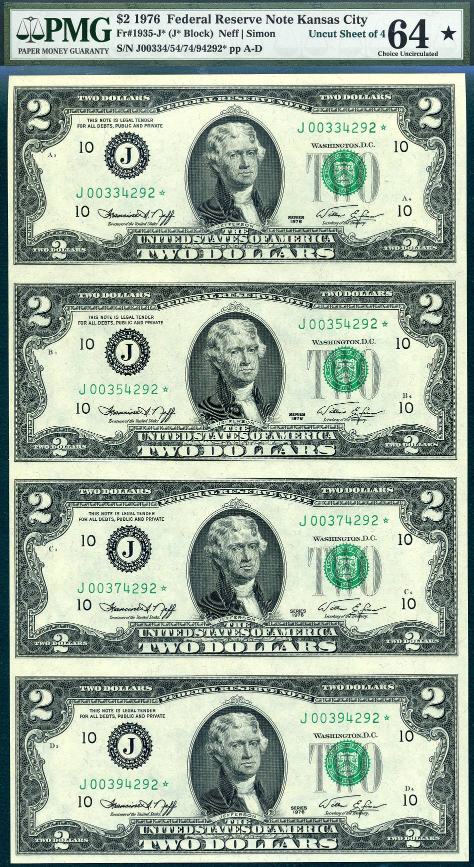 1976 $2 Federal Reserve 4 Note Uncut Star Sheet J* Kansas City Missouri S/N J00334292*