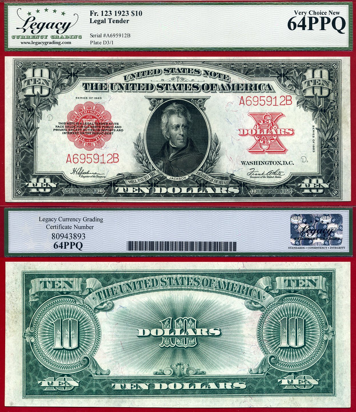 1923 $10 Legal Tender Note FR-123 Legacy Graded CU64PPQ S/N A695912B