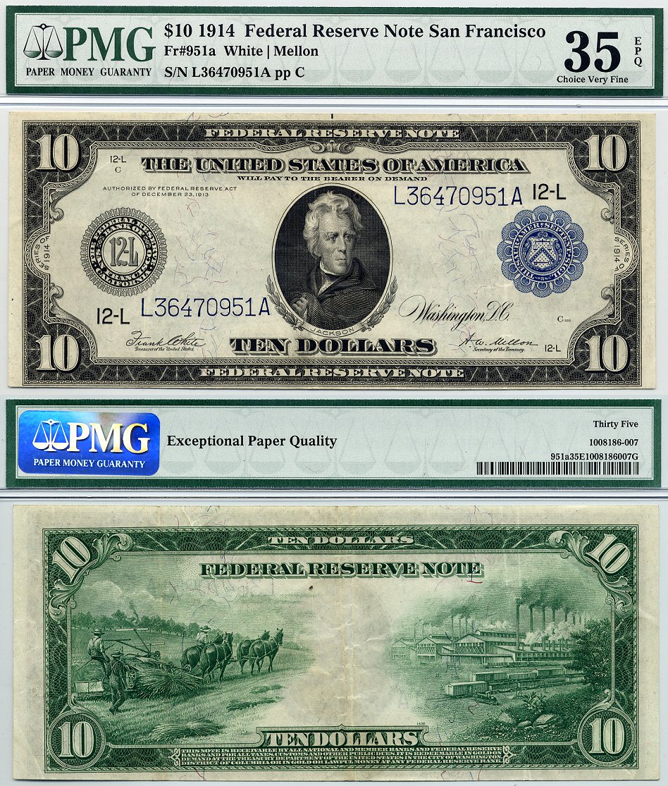 1914 $10 Federal Reserve Note PMG Graded VF35EPQ S/N L36470951A