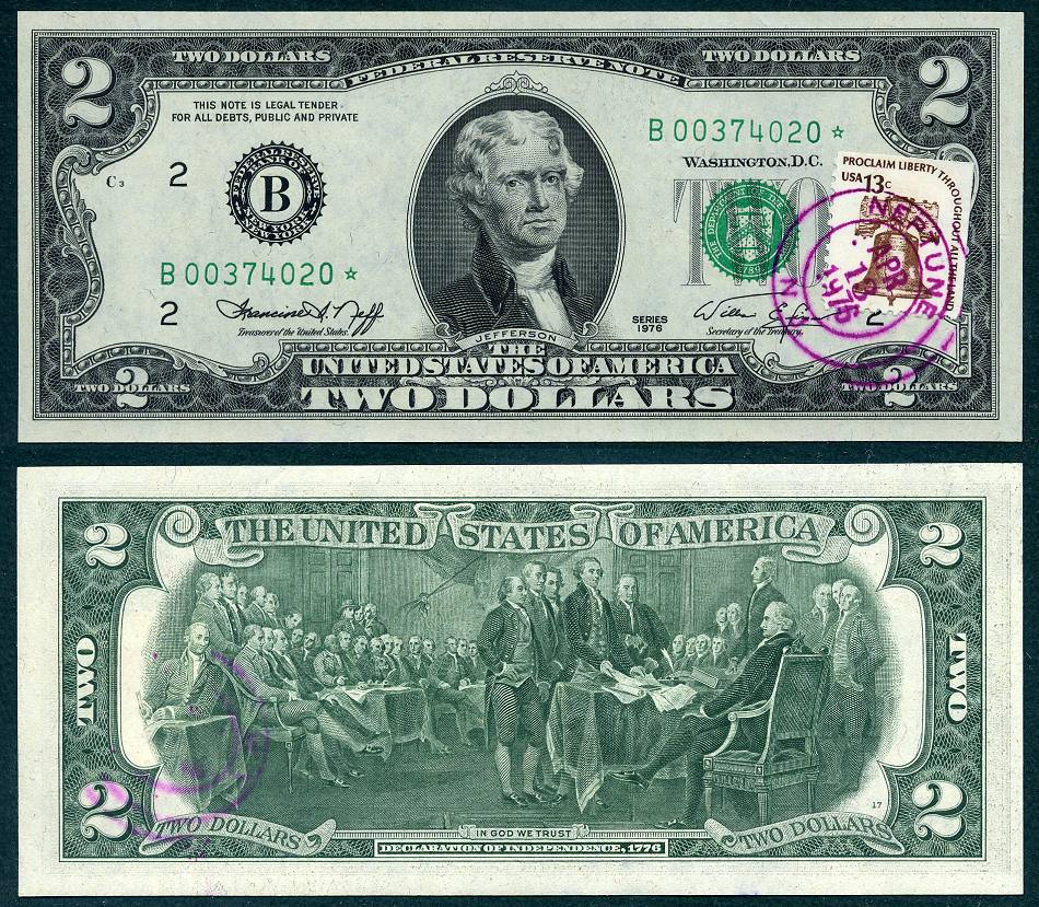 1976 $2 Federal Reserve Star Note FR1935-B* S/N B00374020*