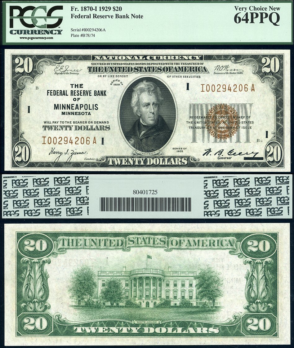 1929 $20 Federal Reserve Bank Note FR-1870-H Minneapolis Minnesota PMG CU 64EPQ S/N I00294206A