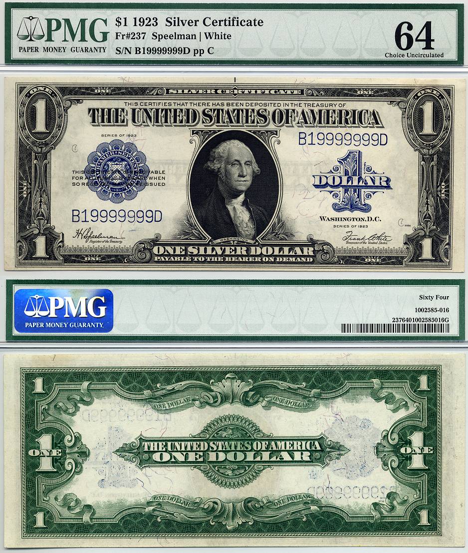 1923 $1 Silver Certificate FR-237 PMG CU64 S/N B19999999D