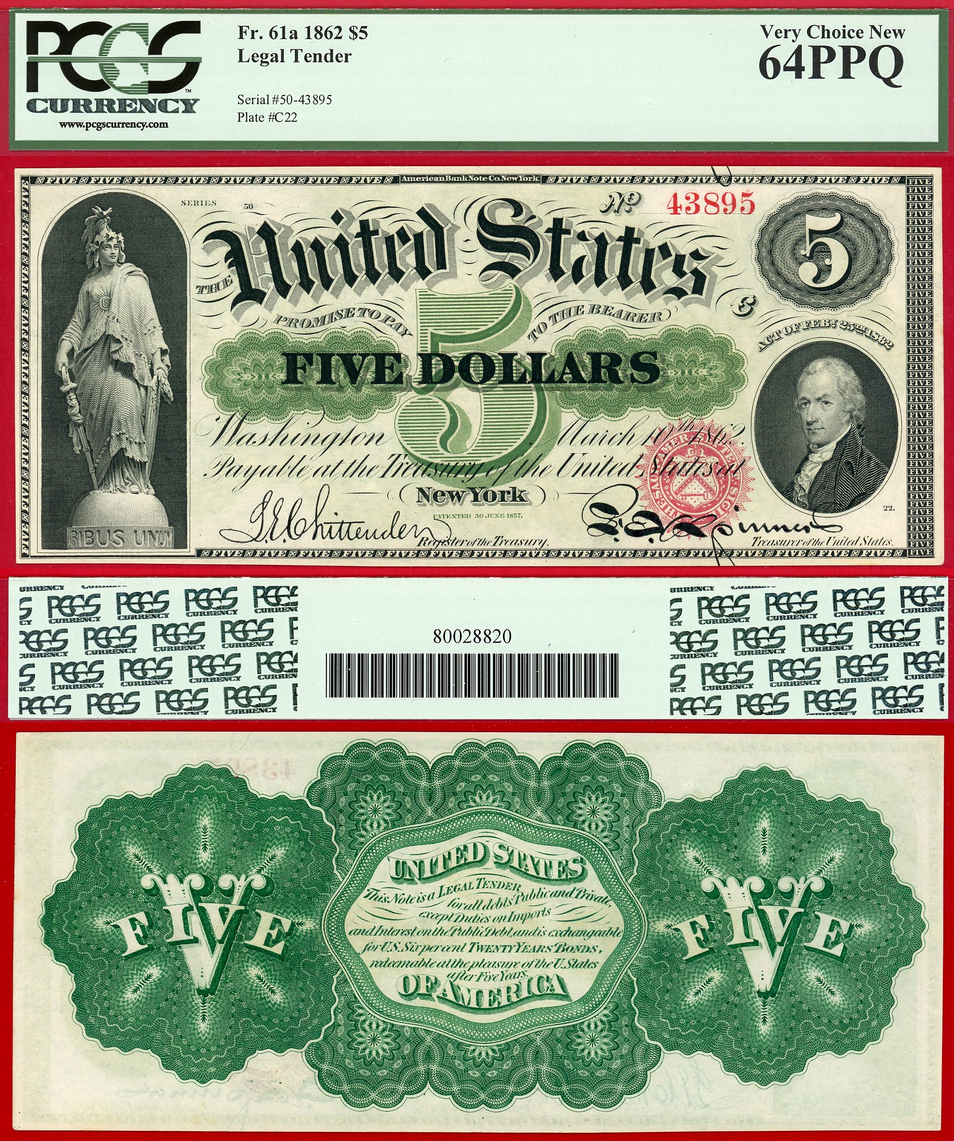1862 $5 Legal Tender Note FR-61a PCGS CU 64PPQ S/N 43895