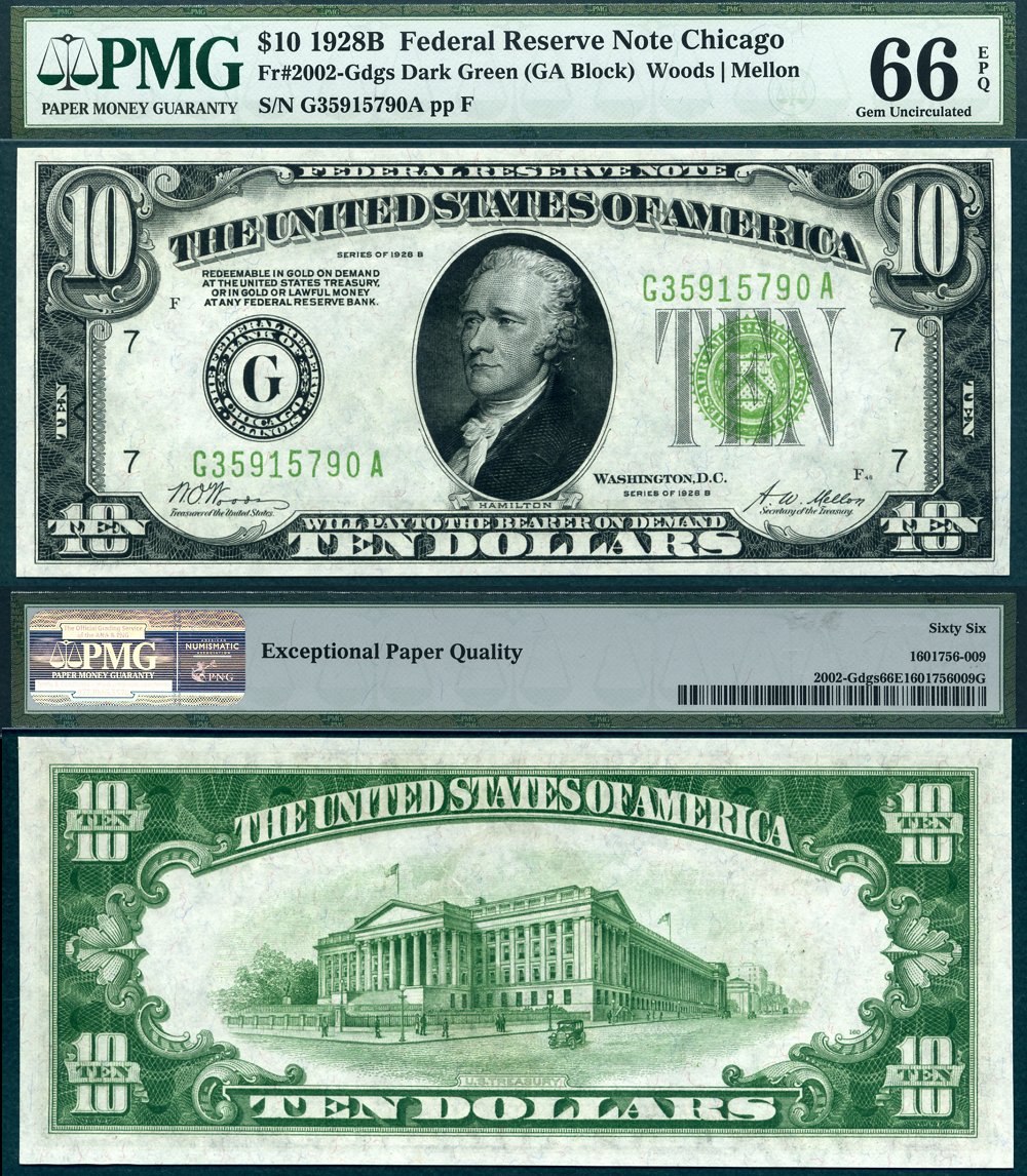 1928 $10 Federal Reserve Note FR-2002Gdgs Dark Green PMG Gem 66EPQ S/N G35915790A