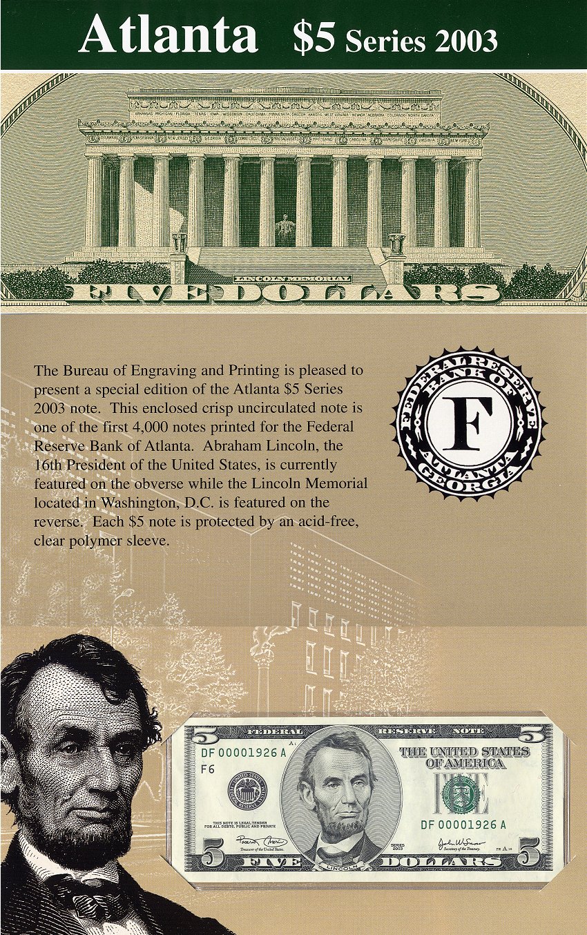 2003 $5 Federal Reserve Notes BEP Issue Atlanta Series