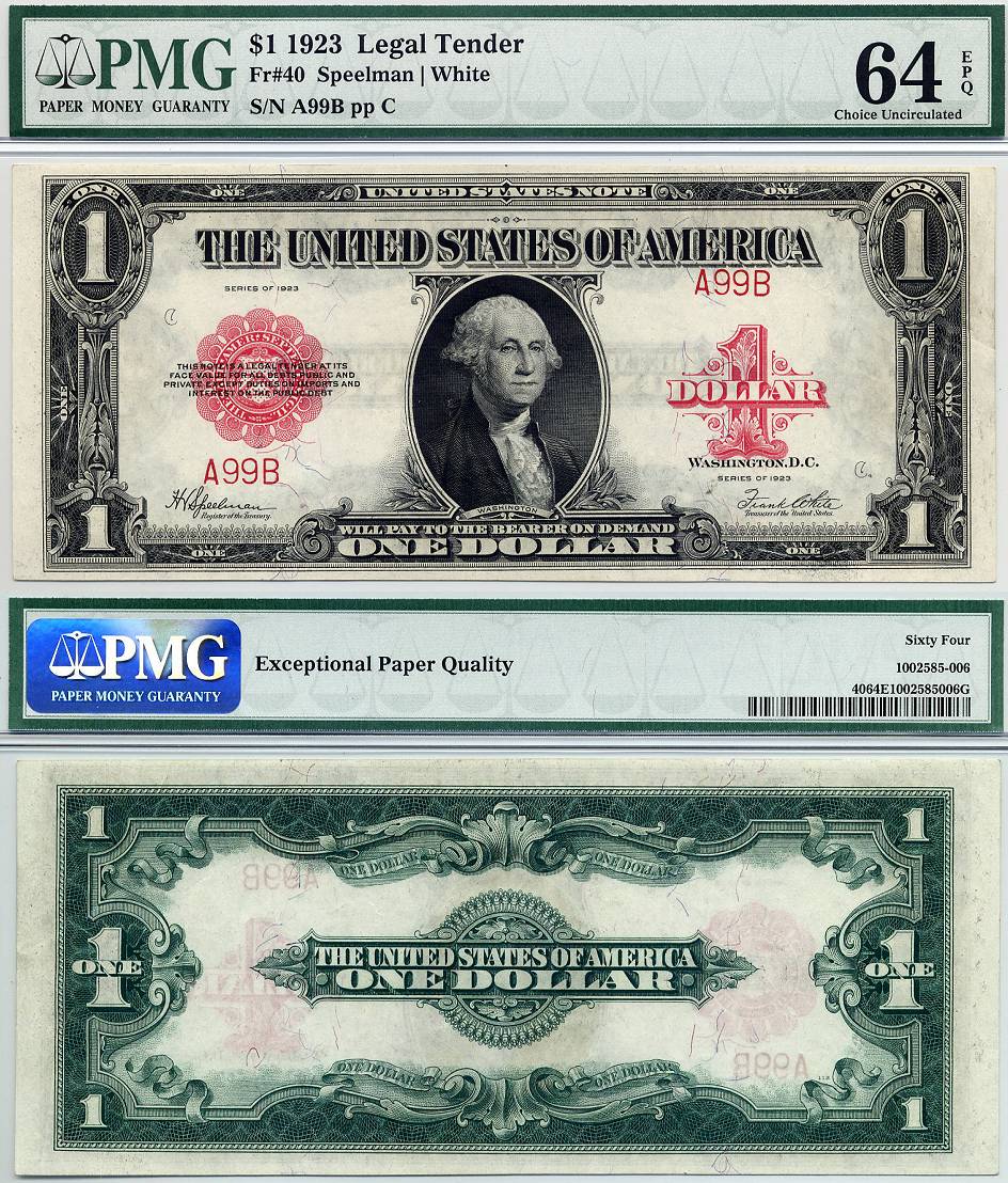 1923 $1 Legal Tender Note FR-40 PMG CU64EPQ S/N A99B