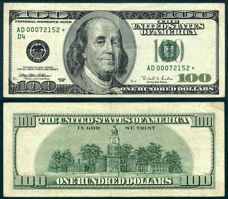 1996 $100 Federal Reserve Cleveland Star FR-2175-D* Note S/N AD00072152*