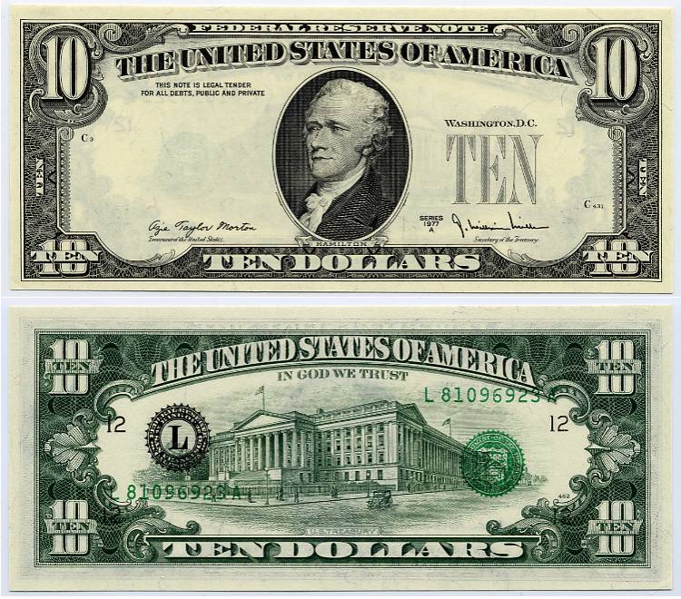 1977 A $10 3rd Printing Error Seals And Serials On Reverse