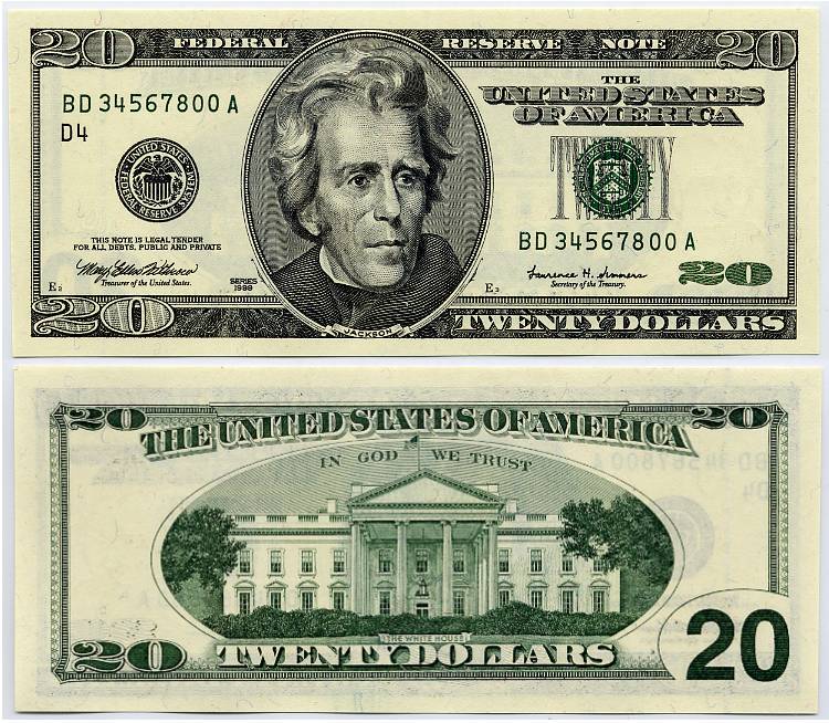 1999 $20 Federal Reserve Note Ladder S/N BD34567800A
