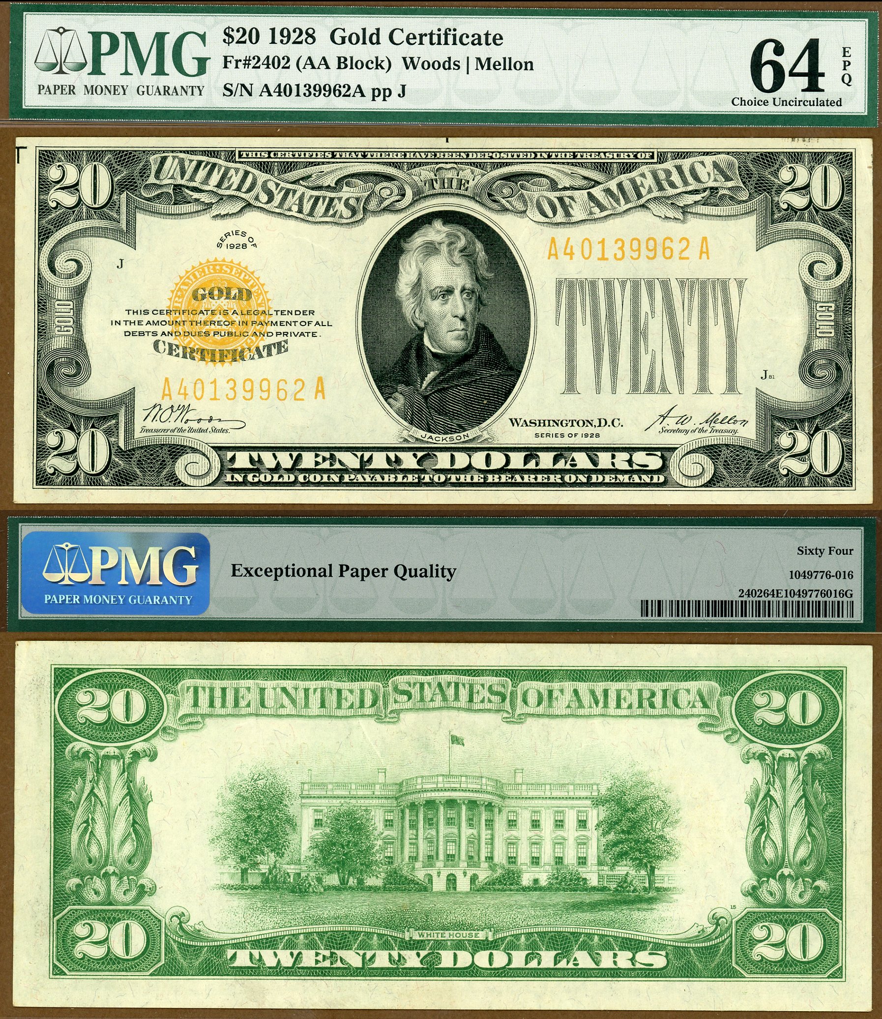 1928 $20 Gold Certificate FR-2402 PMG Graded CU64EPQ S/N A40139962A