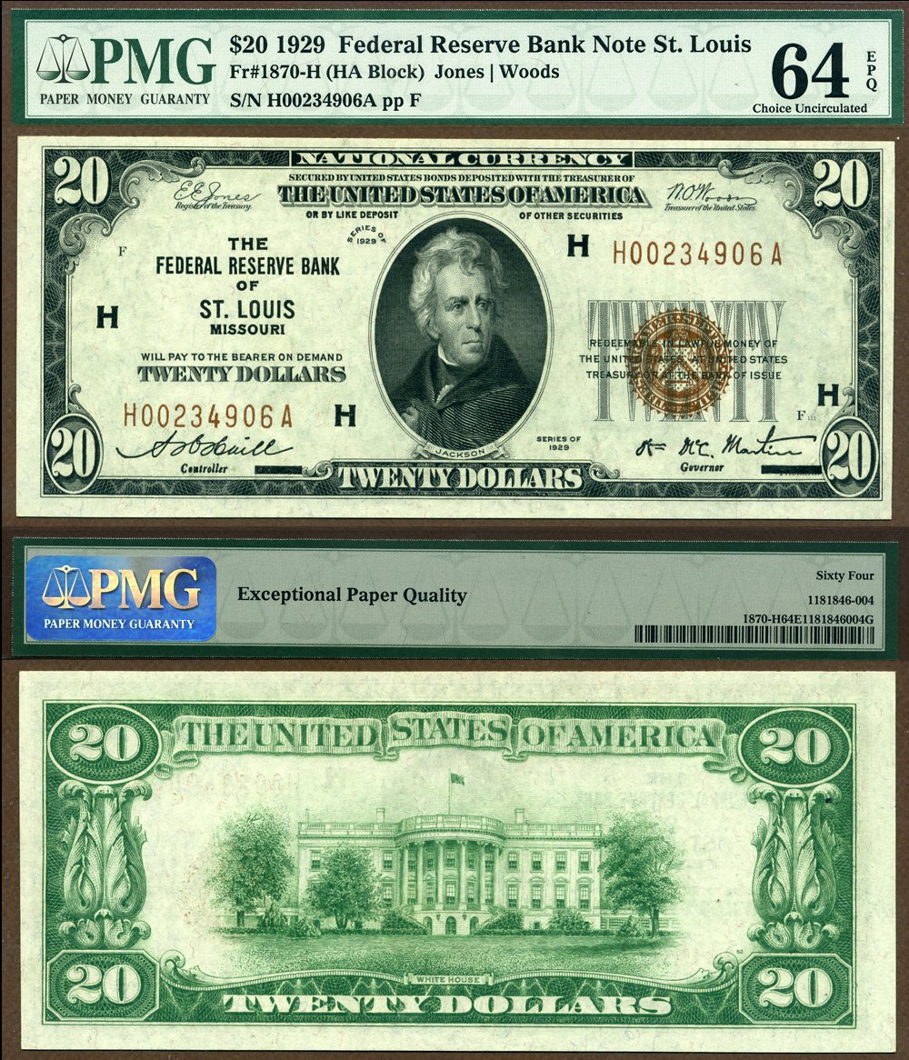 1929 $20 Federal Reserve Bank Note FR-1870-H ST. Louis Missouri S/N H00234906A