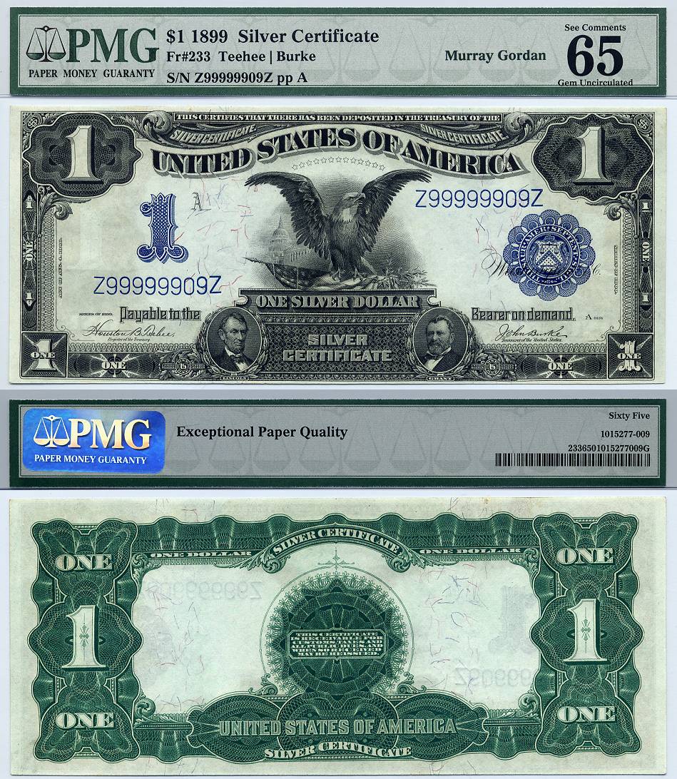 1899 $1 Silver Certificate Black Eagle FR-233 PMG Gem 65EPQ S/N Z99999909Z