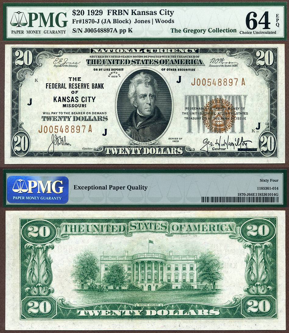 1929 $20 Federal Reserve Bank Note FR1870-J Kansas City Missouri PMG CU 64EPQ S/N J00548897A