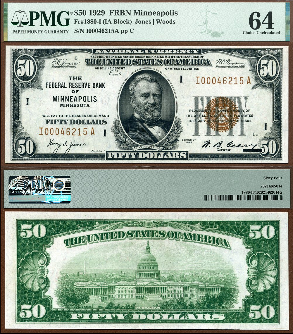 1929 $50 Federal Reserve Bank Note FR-1880-I Minneapolis Minnesota PMG Graded CU 64 S/N I00046215A