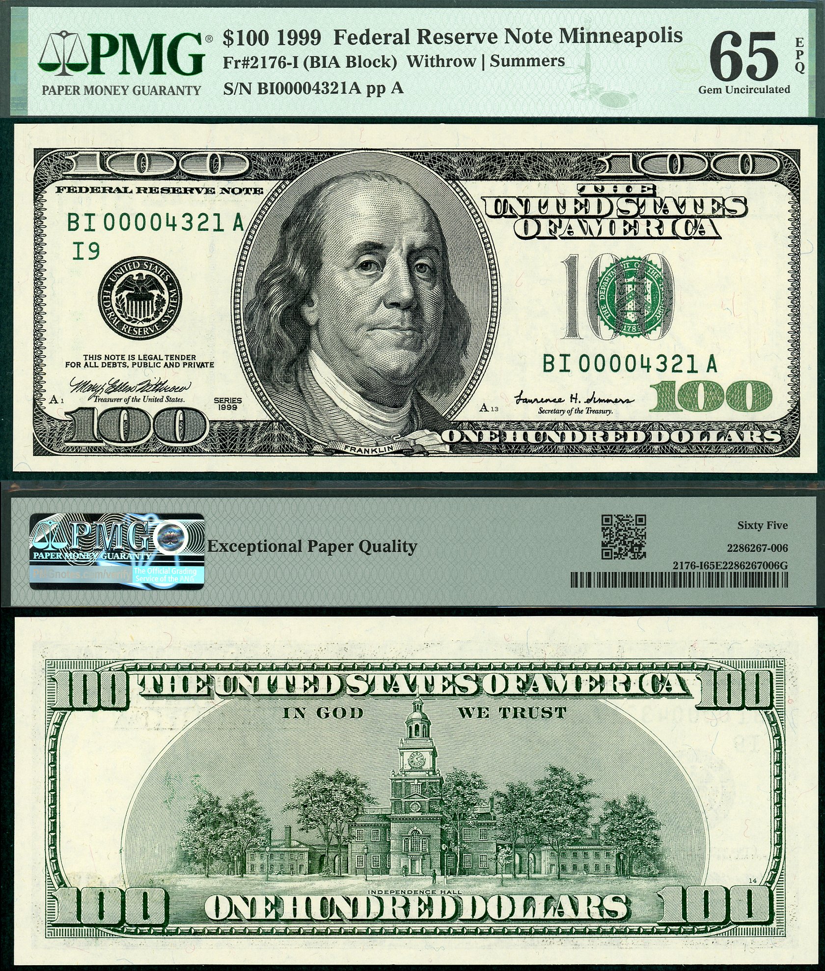 1999 $100 Federal Reserve Descending Ladder Note FR-2176I PMG Gem 65EPQ S/N BI00004321A