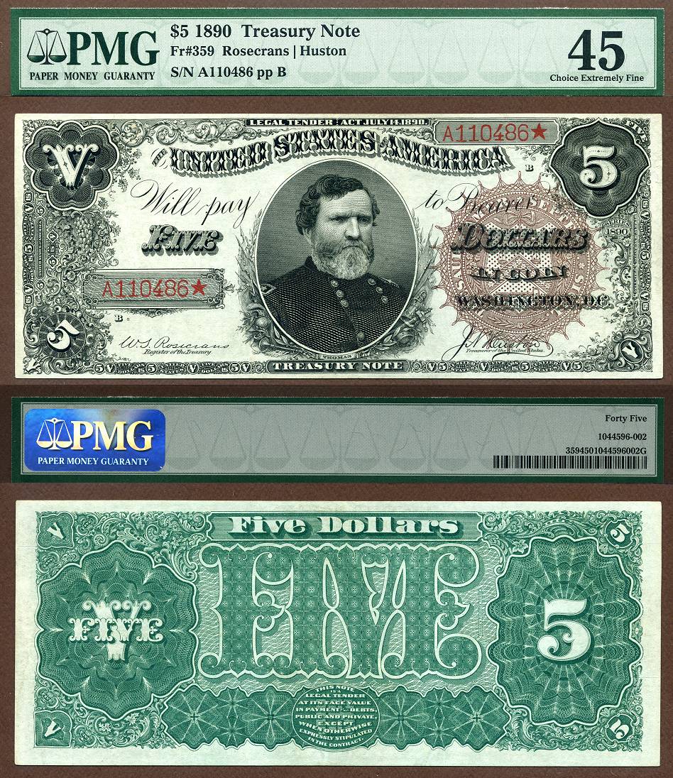 1890 $5 Treasury Note FR-359 PMG EF45 S/N A110486