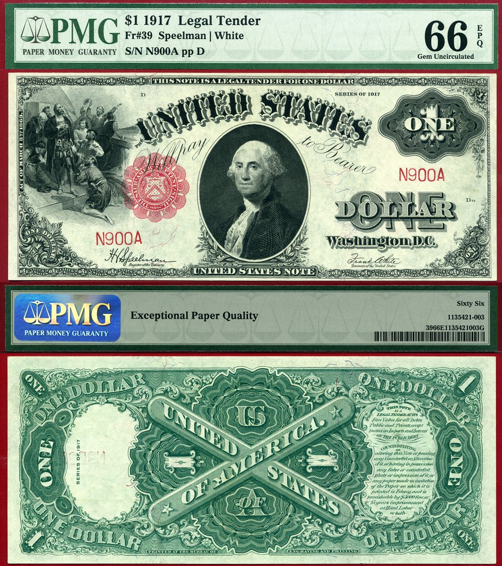 1917 $1 Legal Tender Note FR-39 PMG Gem 66 EPQ S/N N900A
