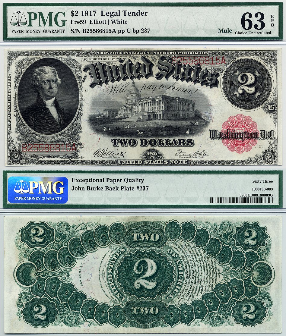 1917 $2 United States Note Legal Tender FR-59 PMG CU63EPQ S/N B25586815A
