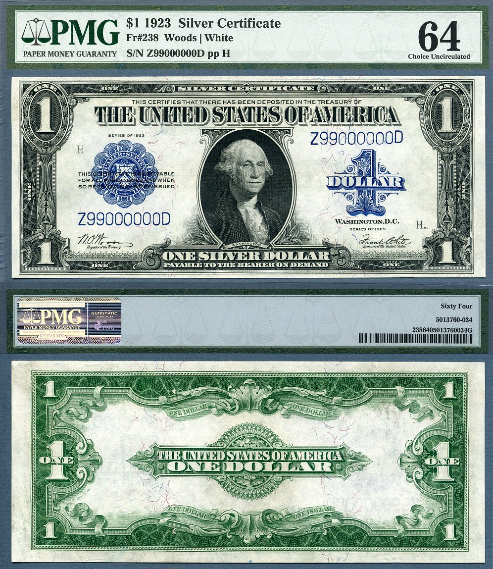 1923 $1 Silver Certificate FR-238 PMG CU64 S/N Z99000000D