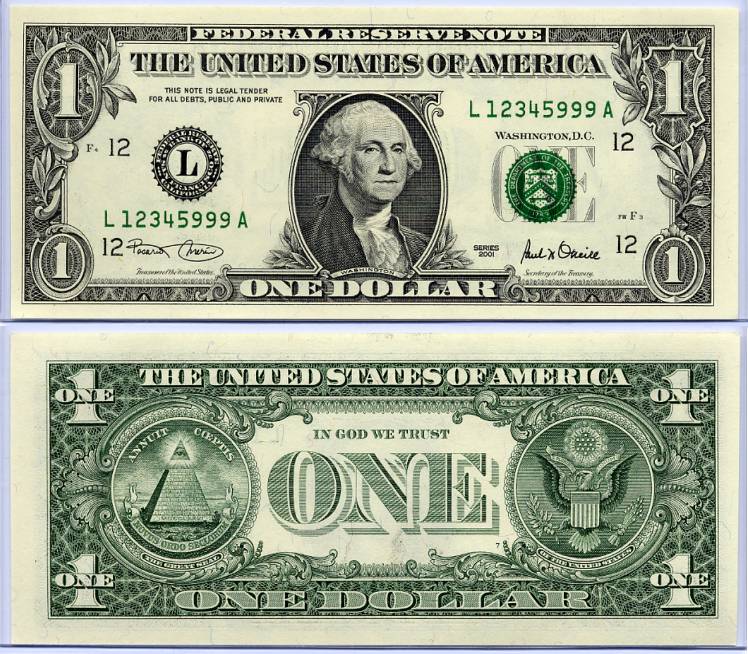 2001 $1 Federal Reserve Ladder Note S/N L12345999A