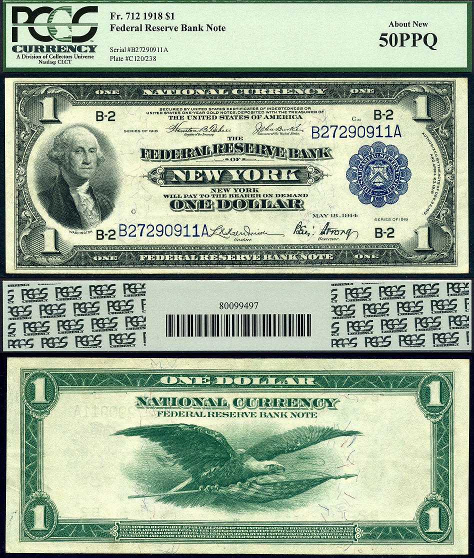 1918 $1 Federal Reserve Bank Note "New York District" FR-712 S/N B27290911A
