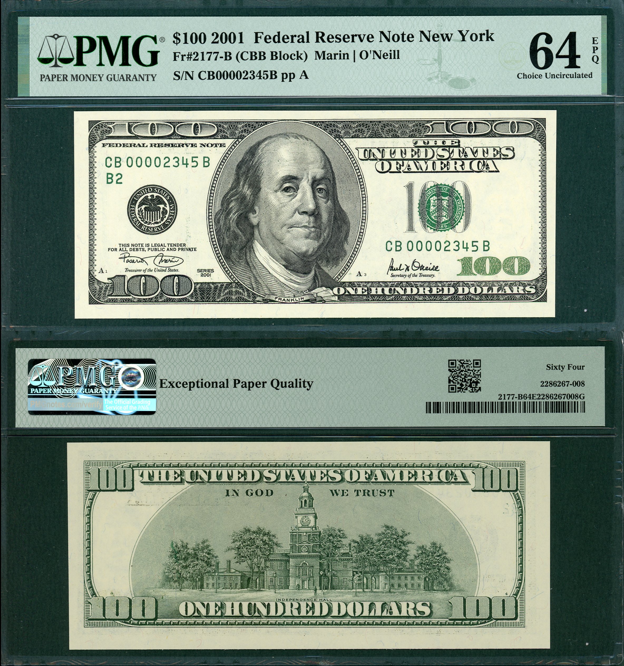 2001 $100 Federal Reserve Ladder Note FR-2177B PMG CU64EPQ CB00002345B