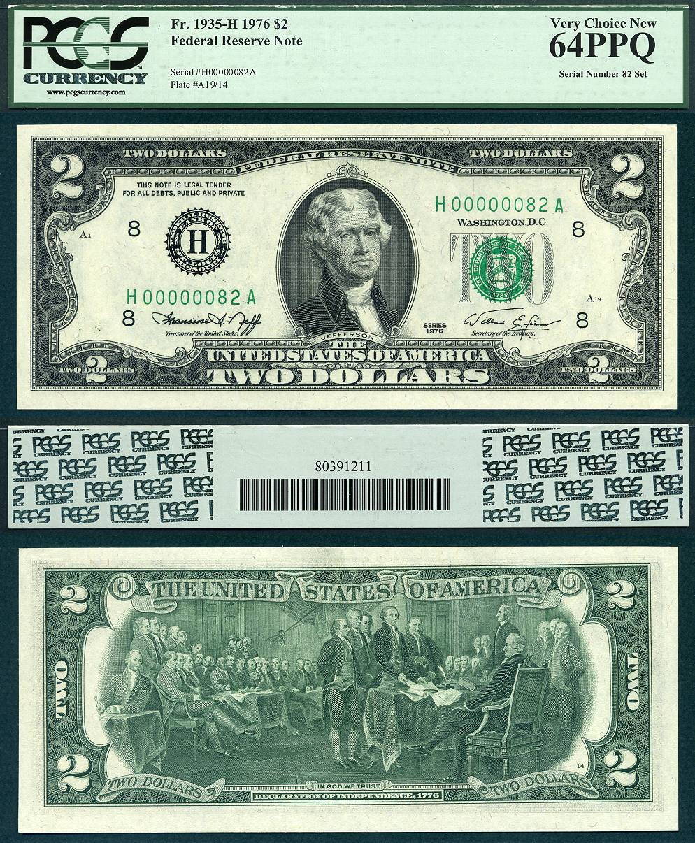 1976 $2 Federal Reserve Note FR1935-H PCGS CU 64PPQ S/N H 00000082 A