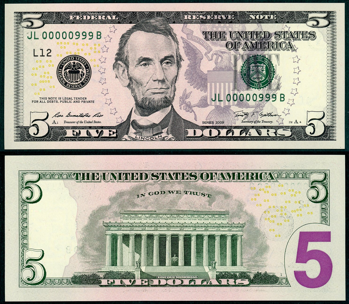 2009 $5 Federal Reserve Note FR-1994L S/N JL00000999B