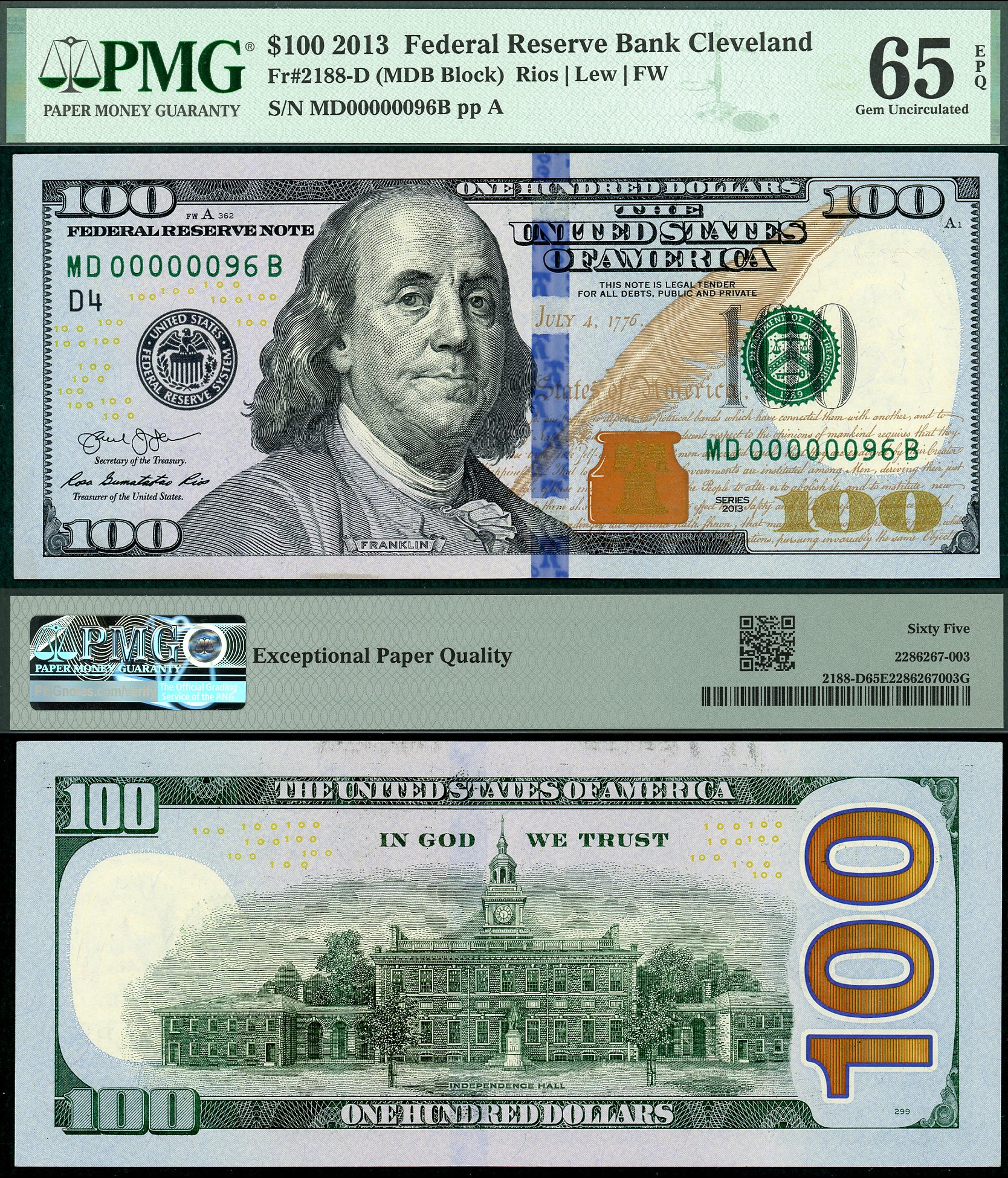 2013 $100 Federal Reserve Note FR-2188D PMG Gem 65EPQ S/N MD00000096B