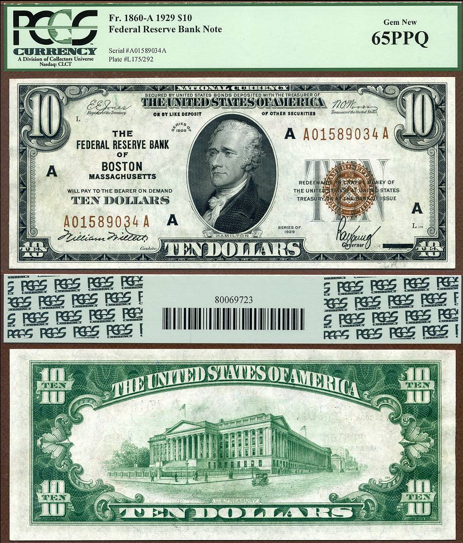 1929 $10 Federal Reserve Bank Note FR-1860-A Boston Massachusetts S/N A01589034A