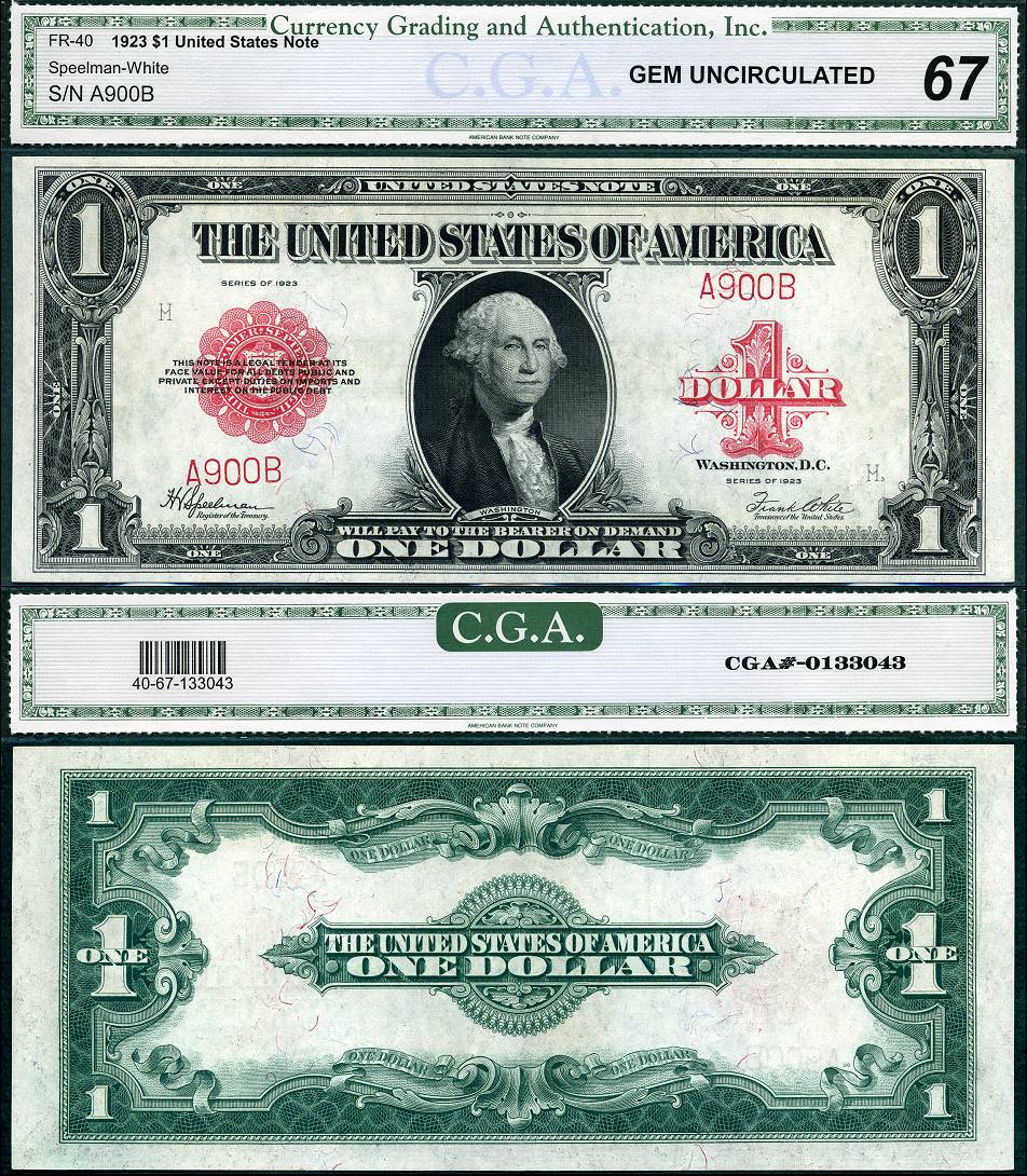 1923 $1 Legal Tender Note FR-40 PMG CU64EPQ S/N A900B