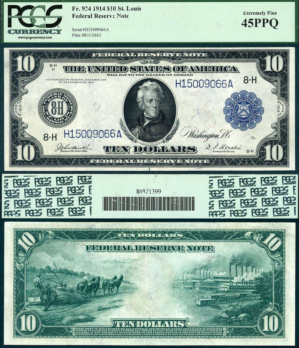1914 $10 Federal Reserve Note FR-934 PCGS Graded Extremely Fine 45PPQ S/N H15009066A