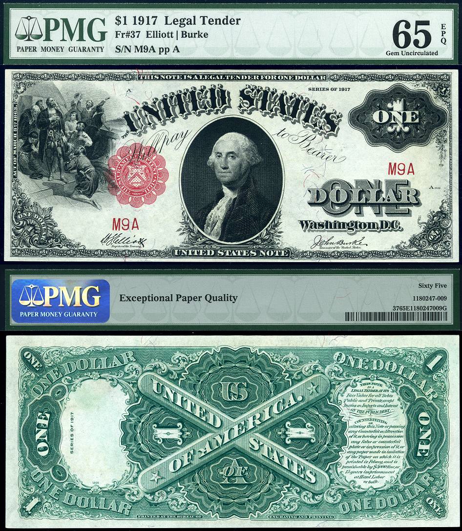 1917 $1 Legal Tender Note FR-37 PMG CU65EPQ S/N M9A