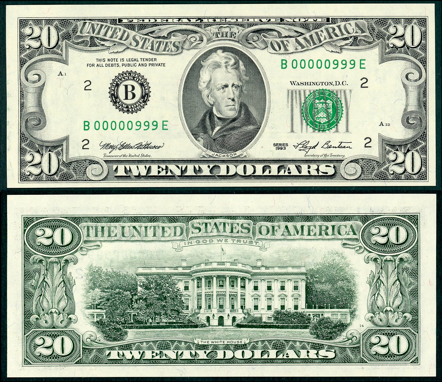 1993 $20 Federal Reserve Note FR-2079B S/N B00000999E