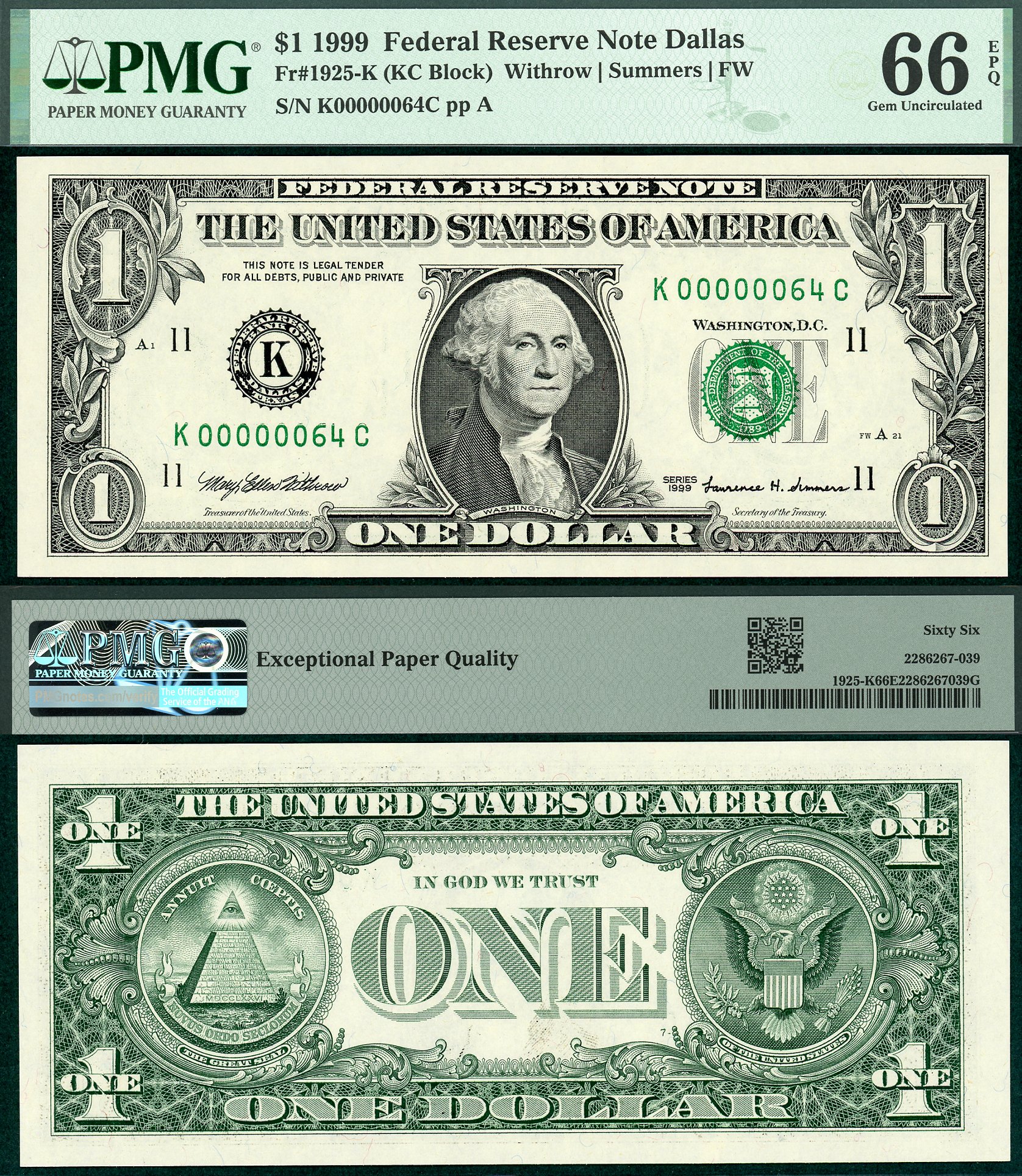 1999 $1 Federal Reserve Note FR-1925K PMG Gem 66EPQ Low S/N K00000064C